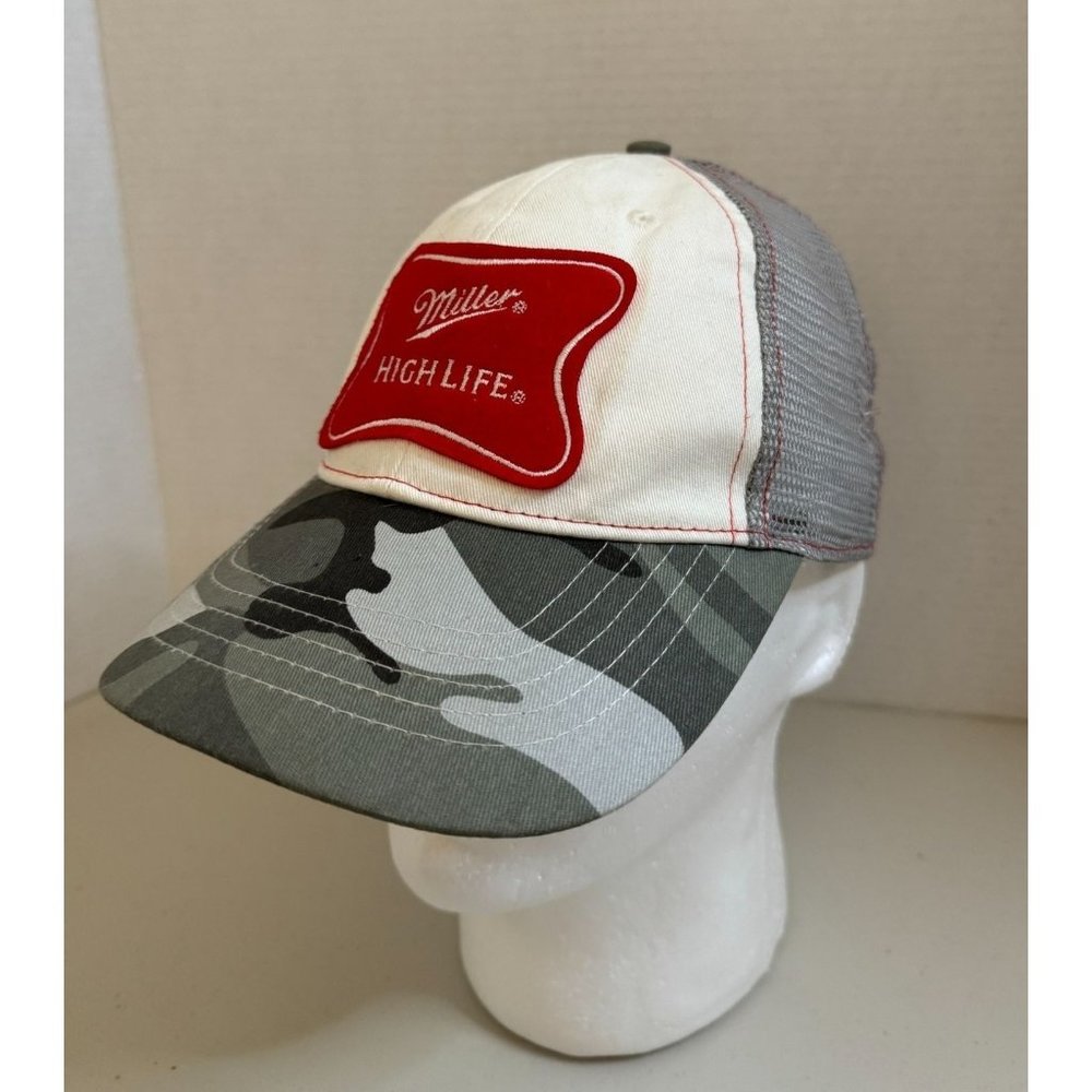 Miller High Life Beer Mesh Snapback Gray Camo Adjustable Trucker Hat‎ Dad Patch